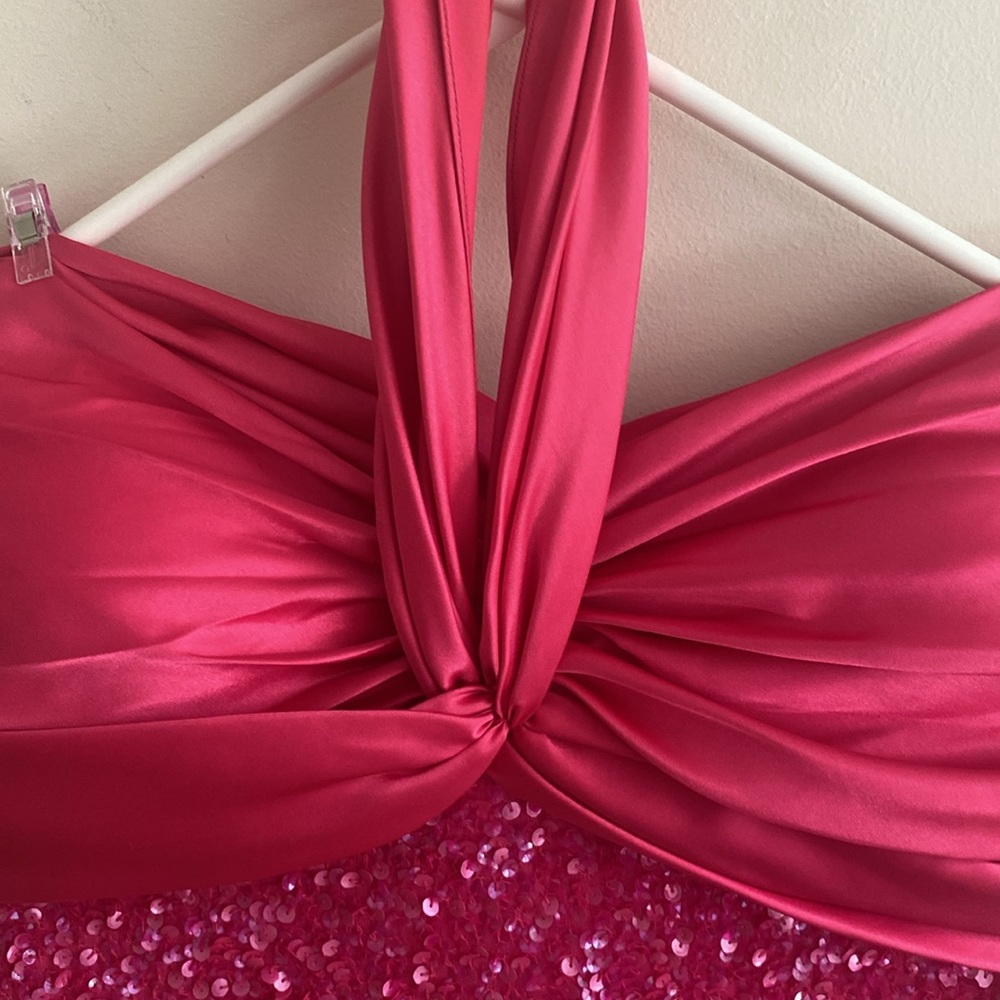 Scala Halter Double Wrap Open Back Hot Pink Sequi… - image 2